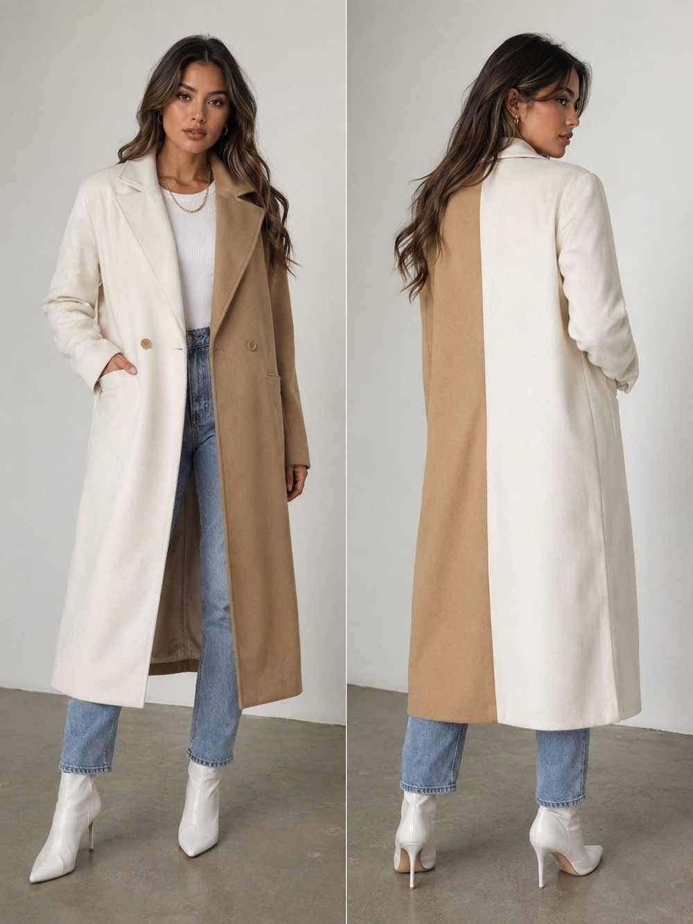 Fashion Nova Color Block Long Coat Beige Ivory Double Breasted Longline Size L